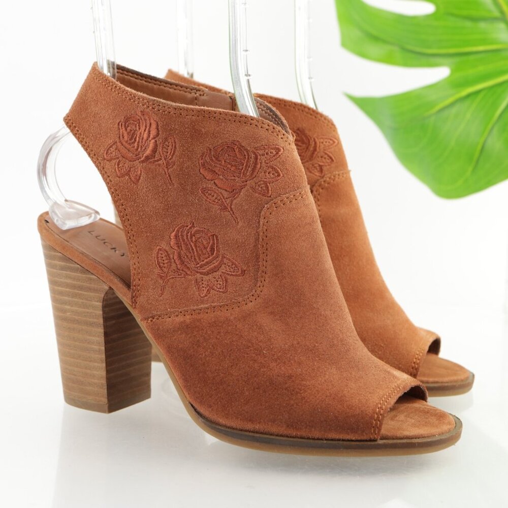 Lucky Brand Womens Listana Sandals Size 8  Brown Suede Block Heel Open Booties
